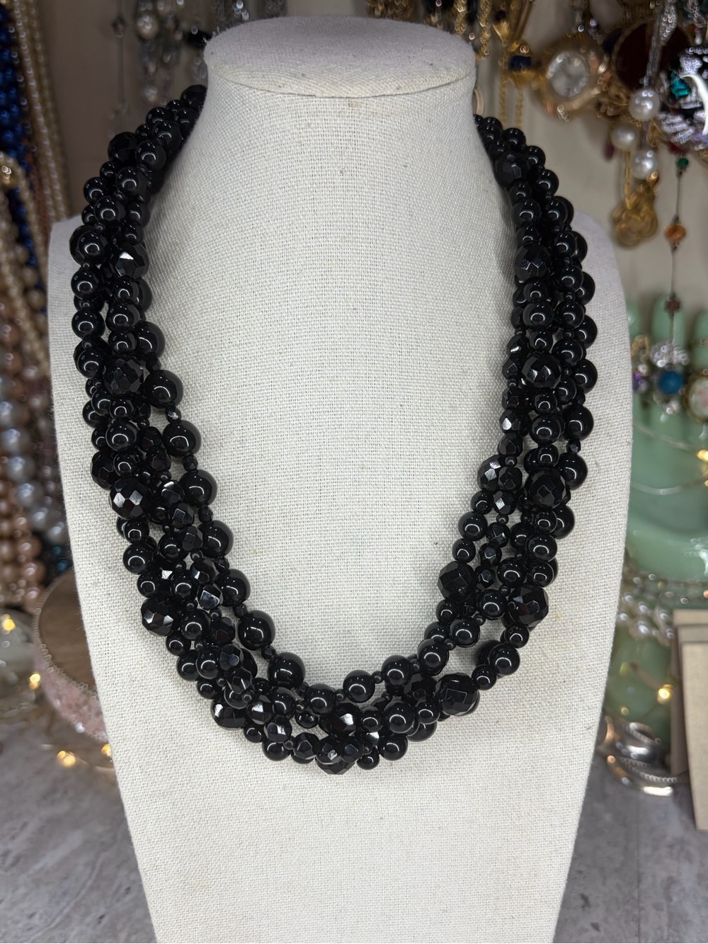 Vintage Gay Boyer Glass Necklace Layered Jewelry Black Glam Statement